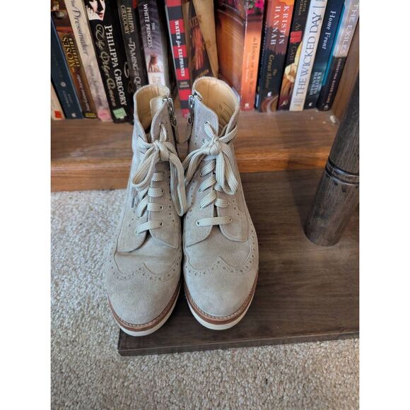 Office of Angela Scott Women's Size 38.5 US 8.5 Gray Wedge Booties Boots Zip Up - Picture 1 of 6